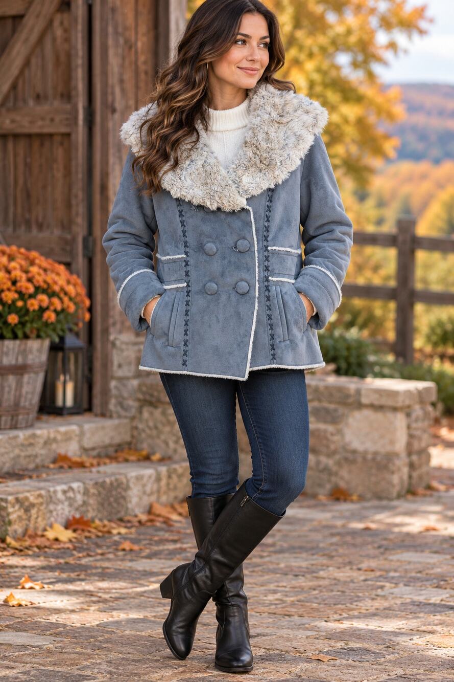 Y2K Boho Faux Shearling Coat Blue Gray Fur Collar Winter Jacket M